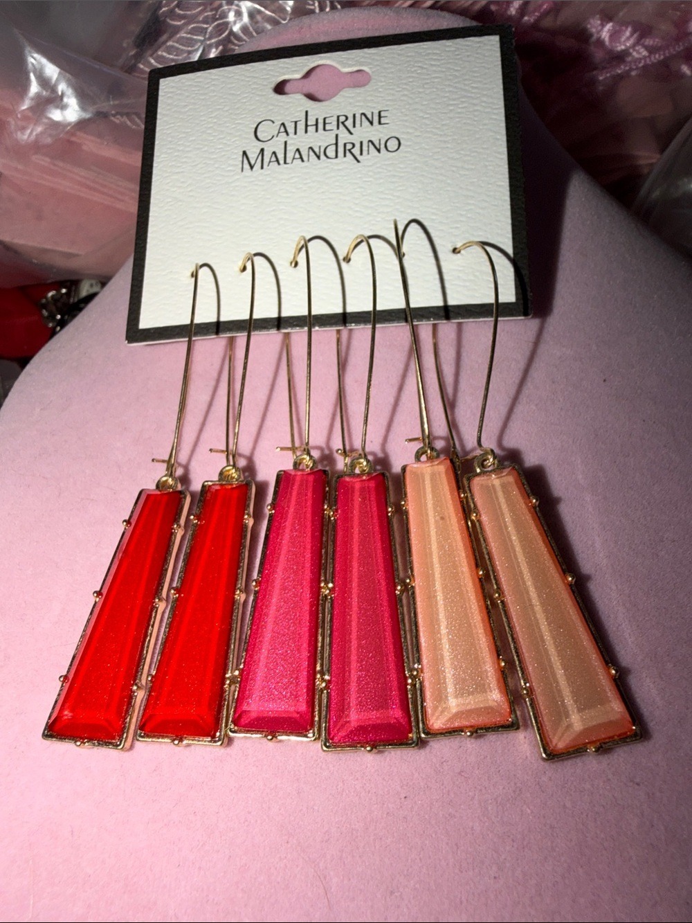 Catherine Malandrino Gold-Tone Red, Pink & Peach Long Drop Earrings Trio (J0168)